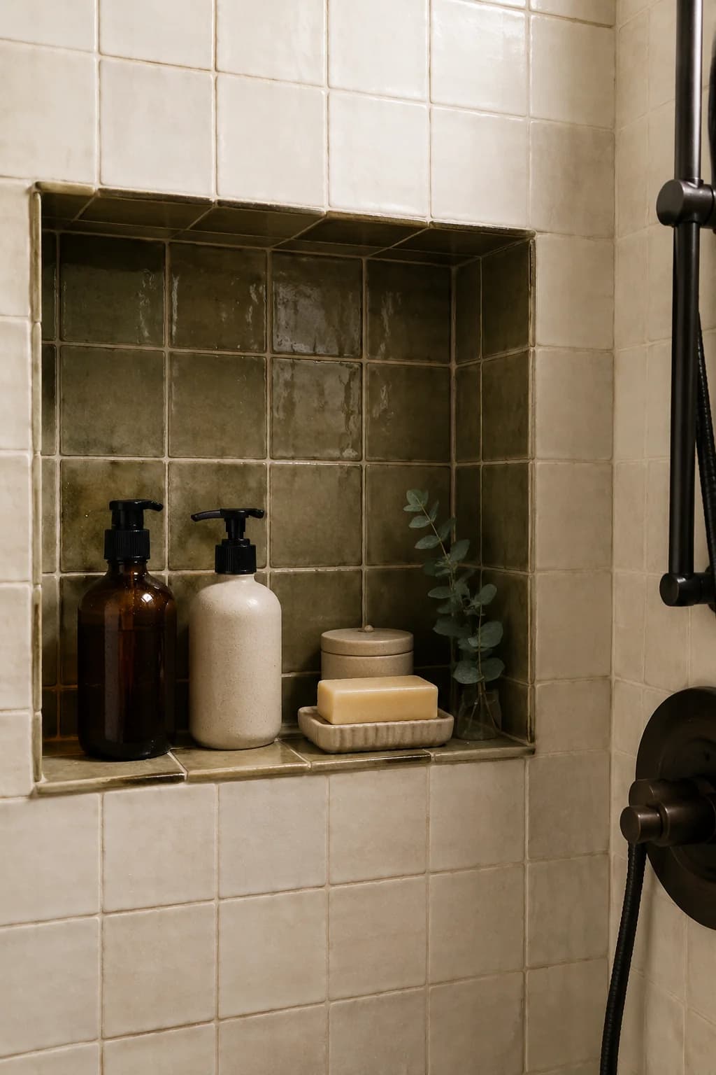 Nicho empotrado en la ducha revestido de azulejo verde, con botellas de vidrio ámbar, jabón y una rama de eucalipto, en un muro de azulejo crema