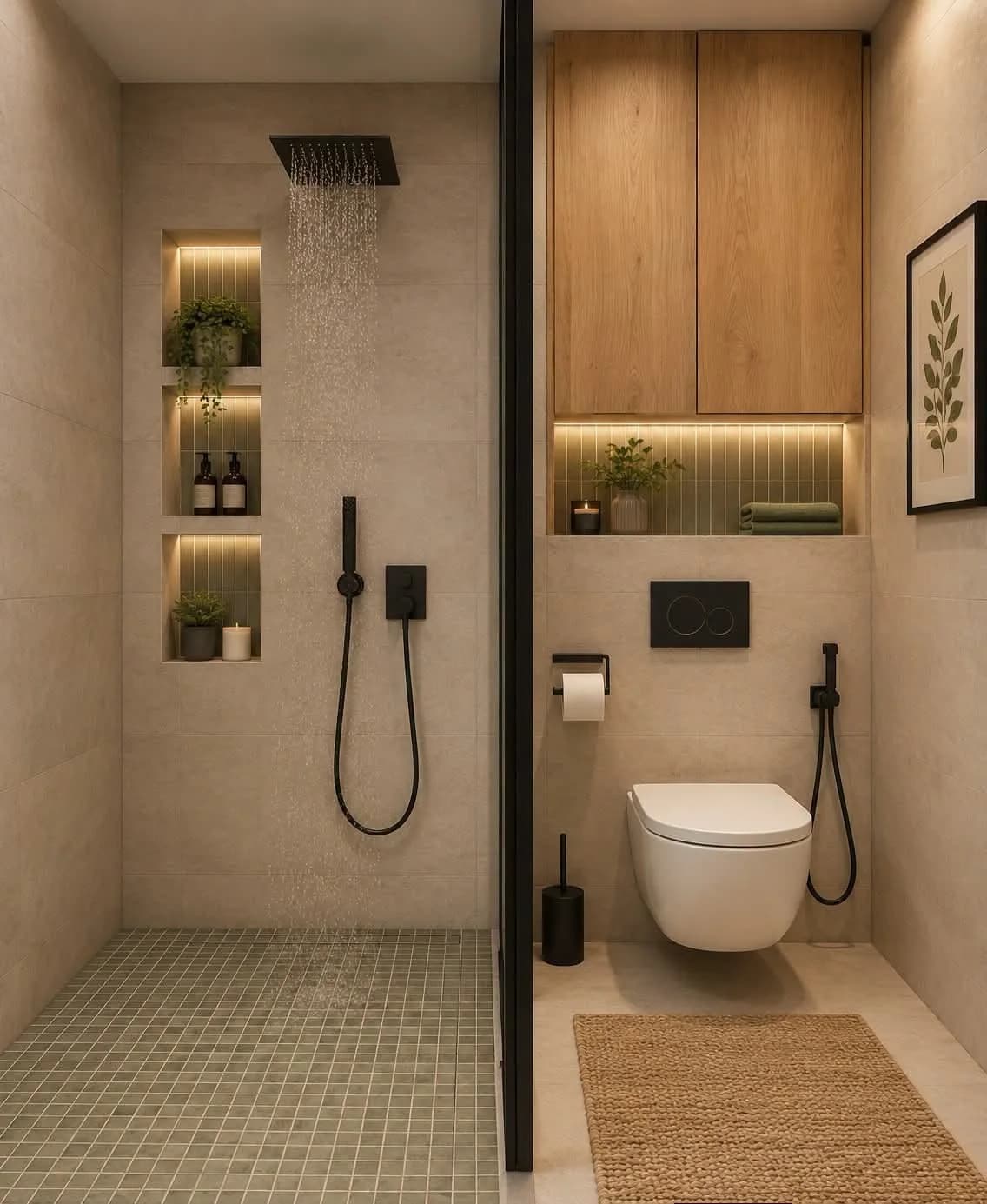 Baño pequeño con ducha de piso de mosaico verde, tres nichos verticales iluminados, regadera de lluvia negra y un mueble de madera sobre el inodoro con luz