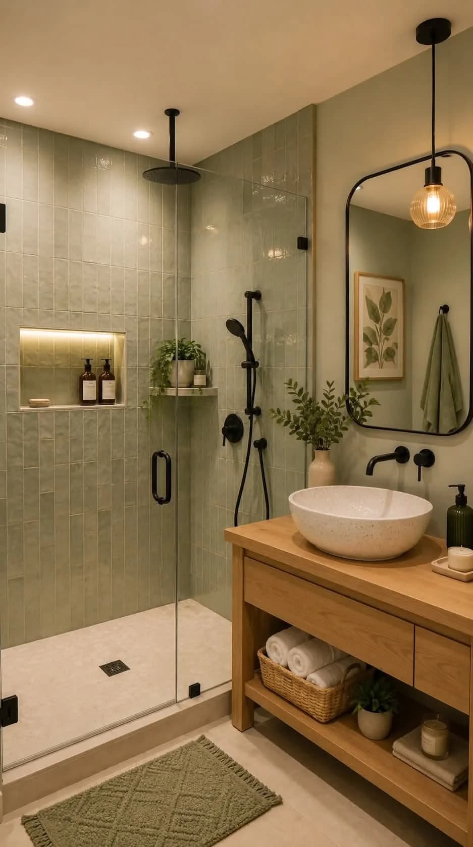 Baño con ducha de azulejo verde salvia, puerta de vidrio con herrajes negros, nicho iluminado, lavabo de piedra sobre mueble de madera y espejo con marco negro