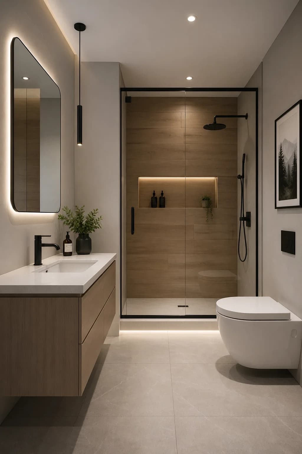 Baño pequeño con mueble flotante largo, espejo de esquinas redondeadas con luz, regadera con cancel de perfil negro y muro en imitación madera con nicho