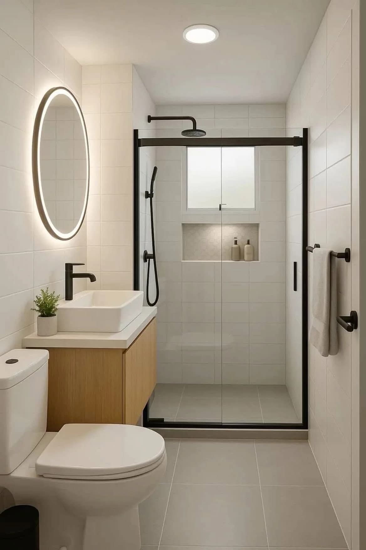 Baño angosto con cancel corredizo de perfil negro, regadera con nicho, espejo ovalado con luz y mueble de lavabo de madera