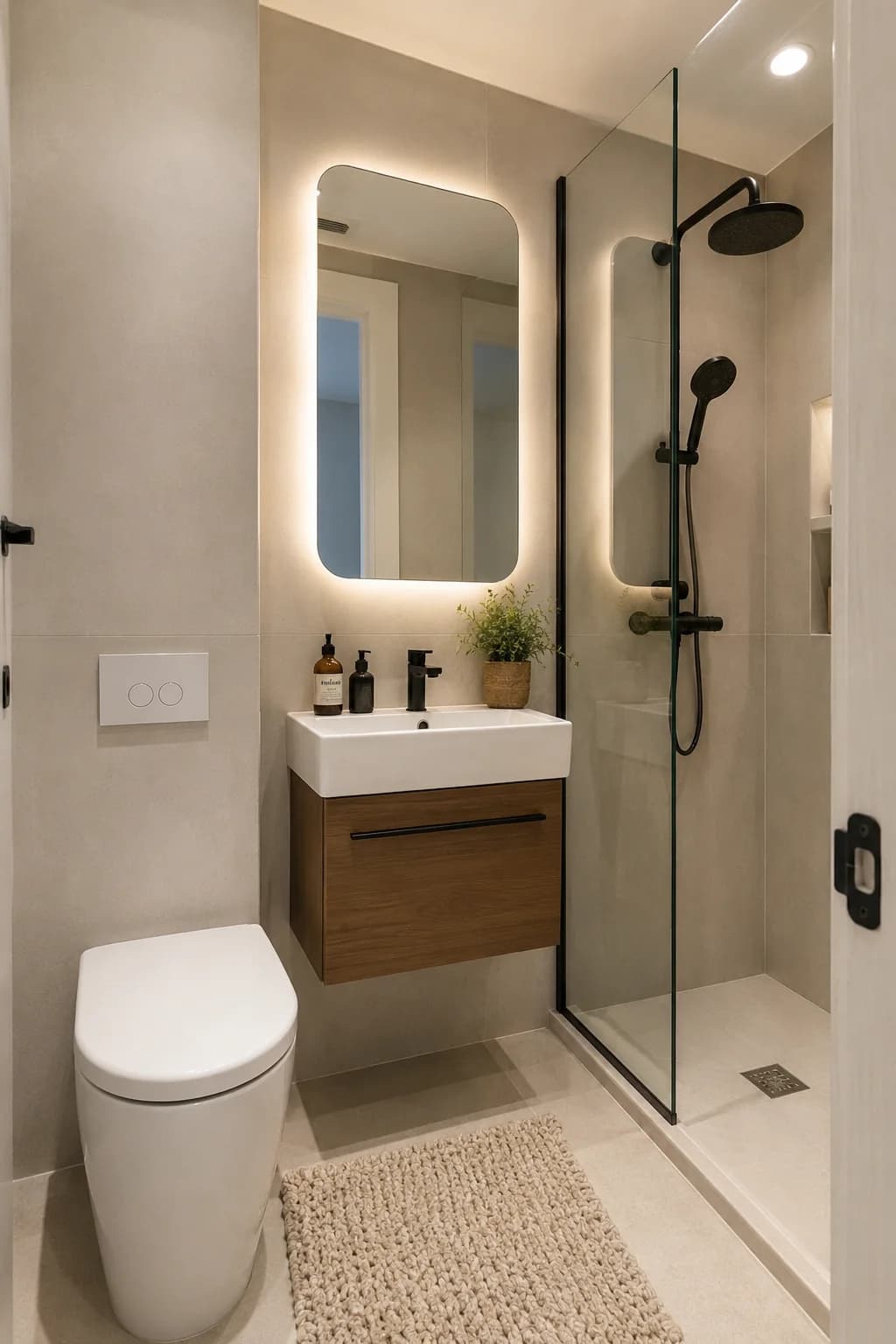 Baño pequeño con un panel fijo de vidrio en la regadera, lavabo blanco sobre mueble flotante de madera, espejo con luz perimetral y WC de tanque oculto