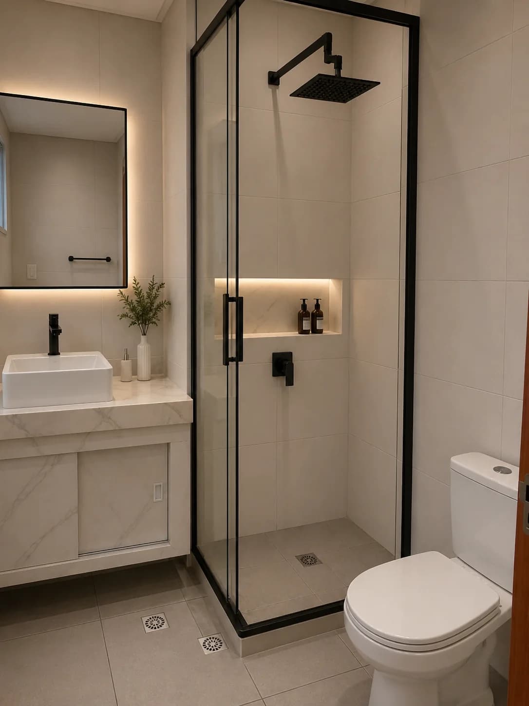 Regadera en esquina con cancel de vidrio de perfil negro, nicho iluminado, lavabo de sobreponer sobre cubierta clara y espejo rectangular