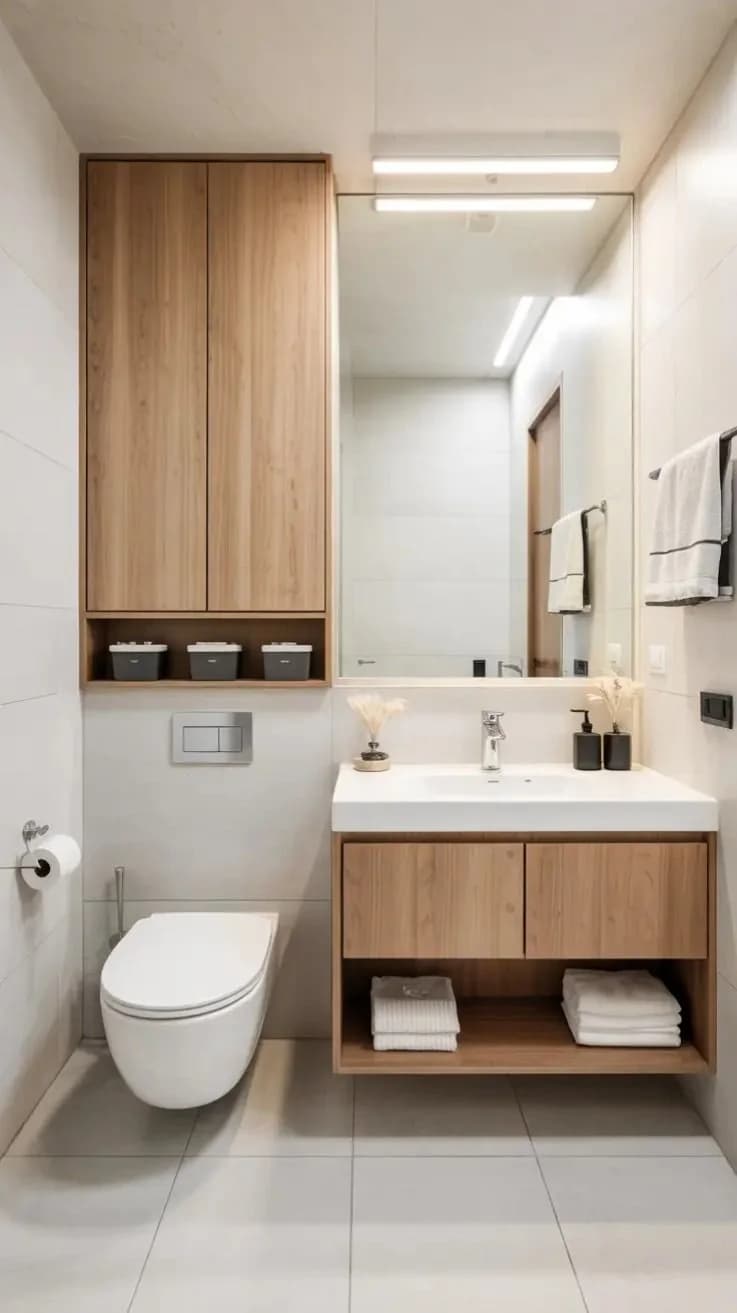 Baño pequeño con gabinete alto de madera sobre el WC suspendido, espejo de muro a muro con luz lineal y mueble de lavabo flotante con repisa para toallas
