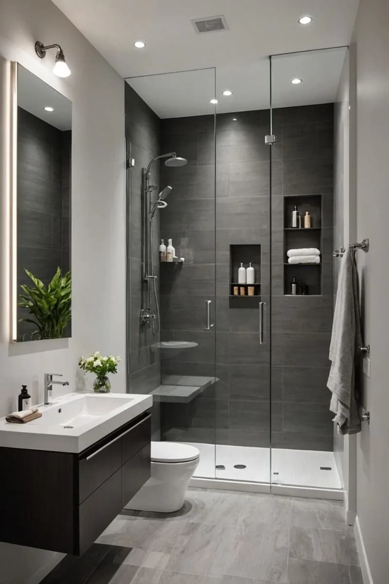 Baño con muro de regadera en azulejo gris oscuro con nichos, cancel de vidrio sin marco, mueble de lavabo flotante oscuro y espejo con luz lateral