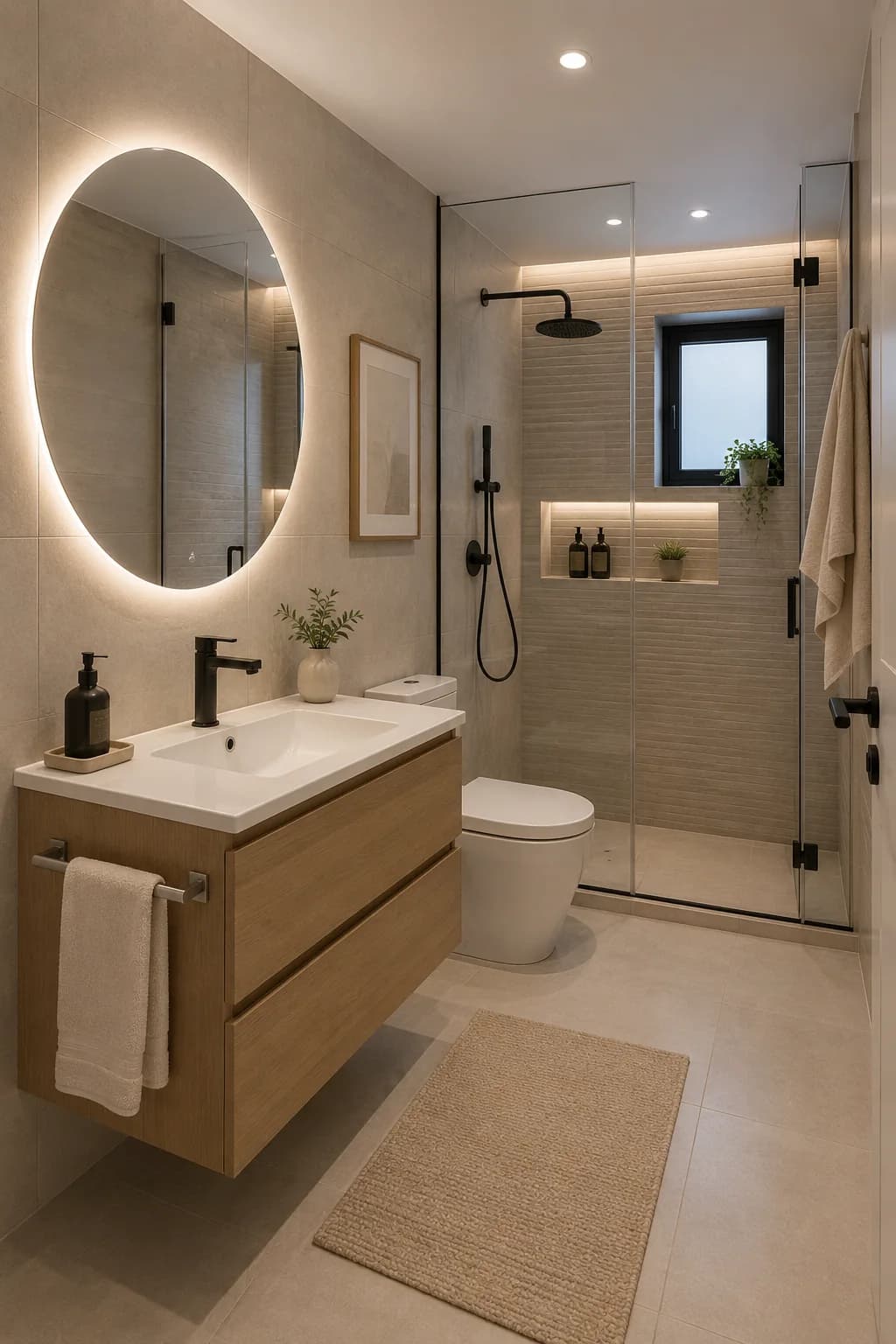 Baño pequeño con mueble de lavabo flotante de madera clara con dos cajones, espejo redondo con luz, regadera con cancel de vidrio y nicho iluminado
