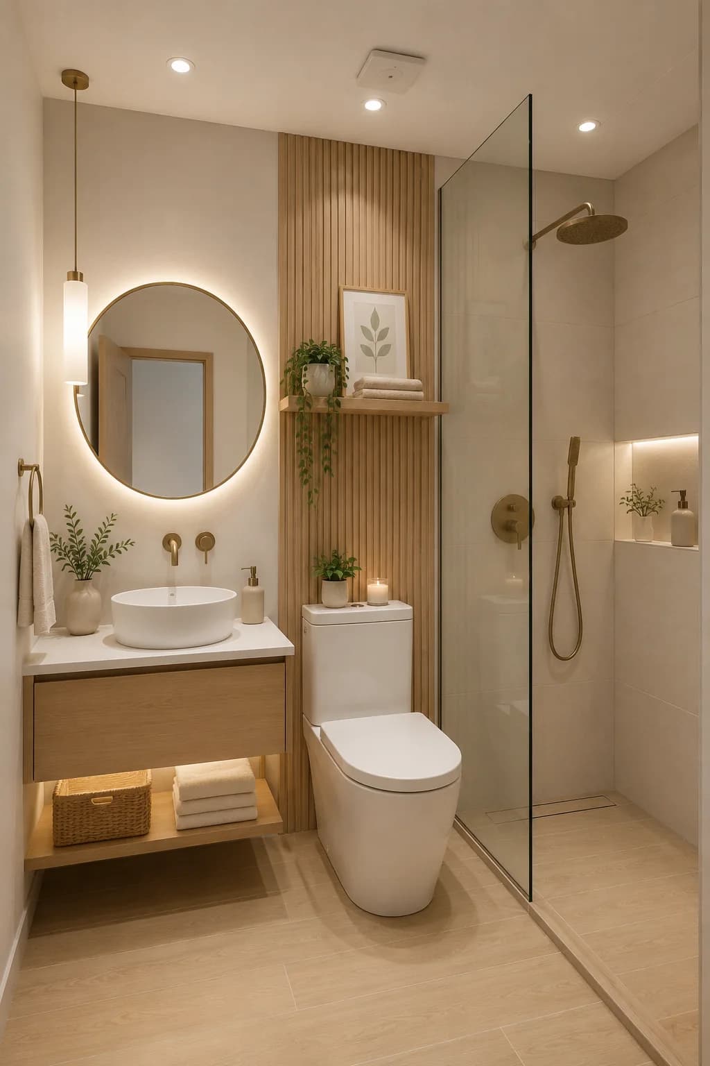 Baño pequeño en tonos beige con espejo redondo con luz, franja de listones de madera, lavabo de sobreponer sobre mueble flotante con repisa inferior iluminada y regadera con vidrio fijo