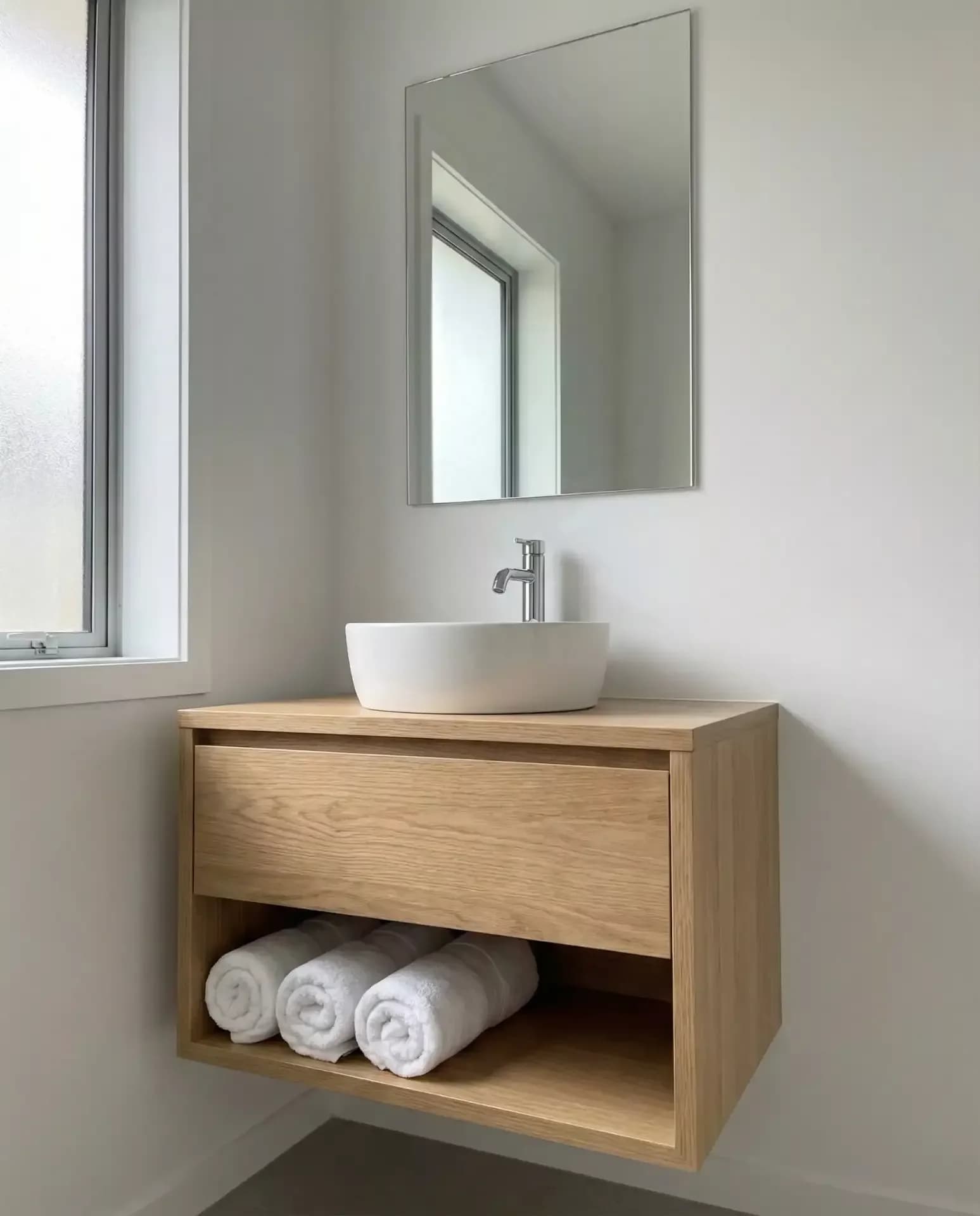 Mueble de lavabo flotante de madera clara con un cajón y un hueco abierto con toallas enrolladas, lavabo de sobreponer y espejo rectangular junto a una ventana