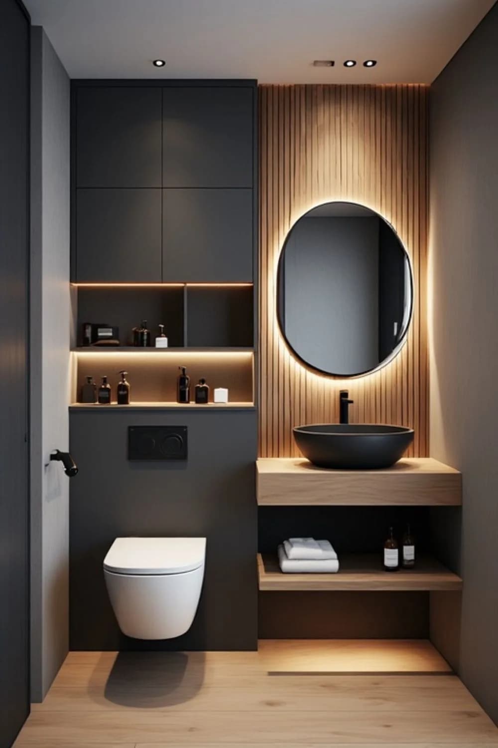 Medio baño en negro mate con panel de listones de madera, espejo redondo con luz, lavabo negro de sobreponer, repisas de madera y WC suspendido