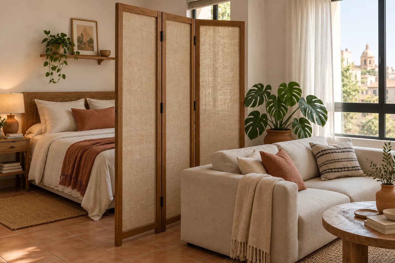Biombo de madera de tres paneles entre una cama y una sala pequeña