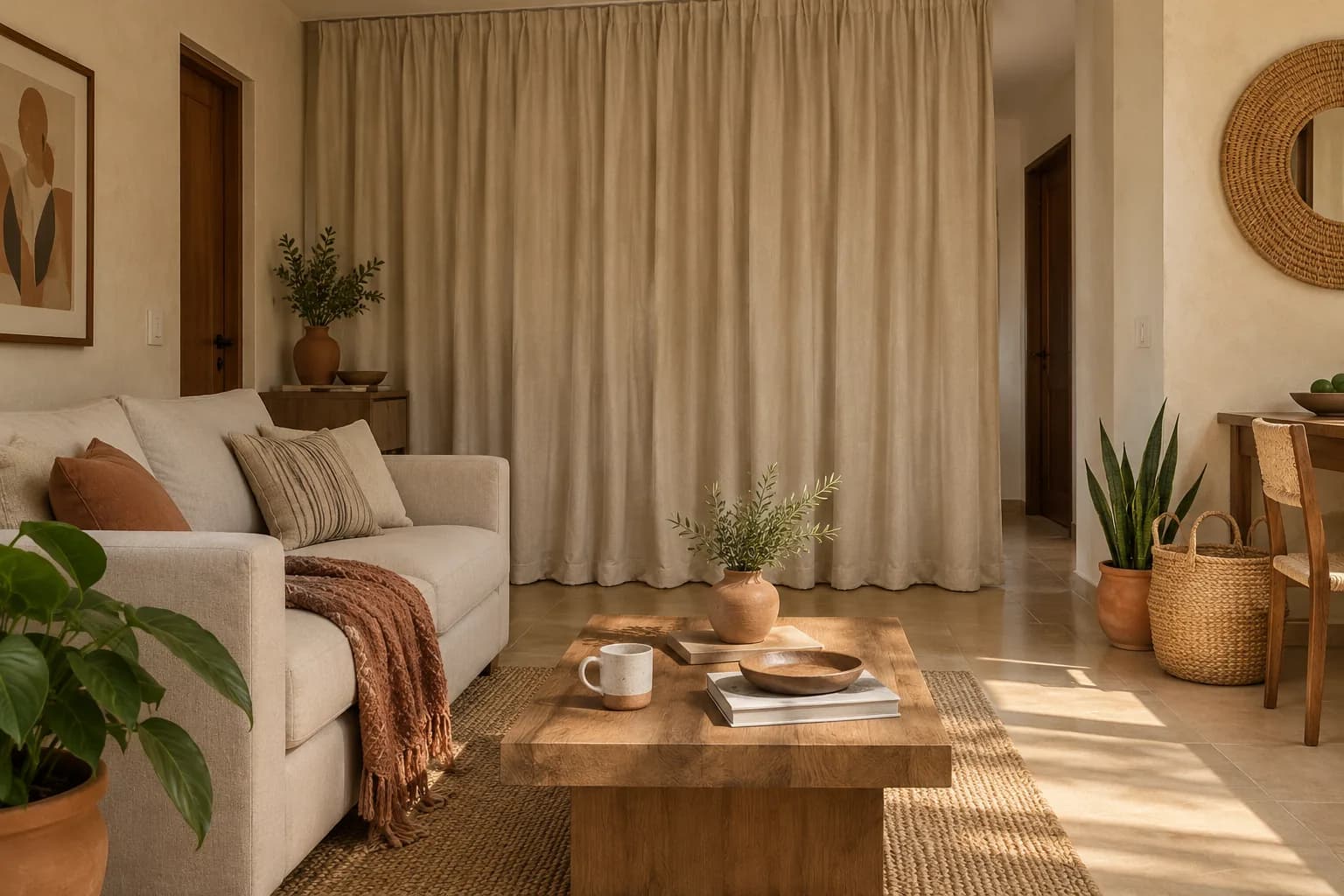 Cortina beige de piso a techo cerrada que separa la sala de la zona de dormir