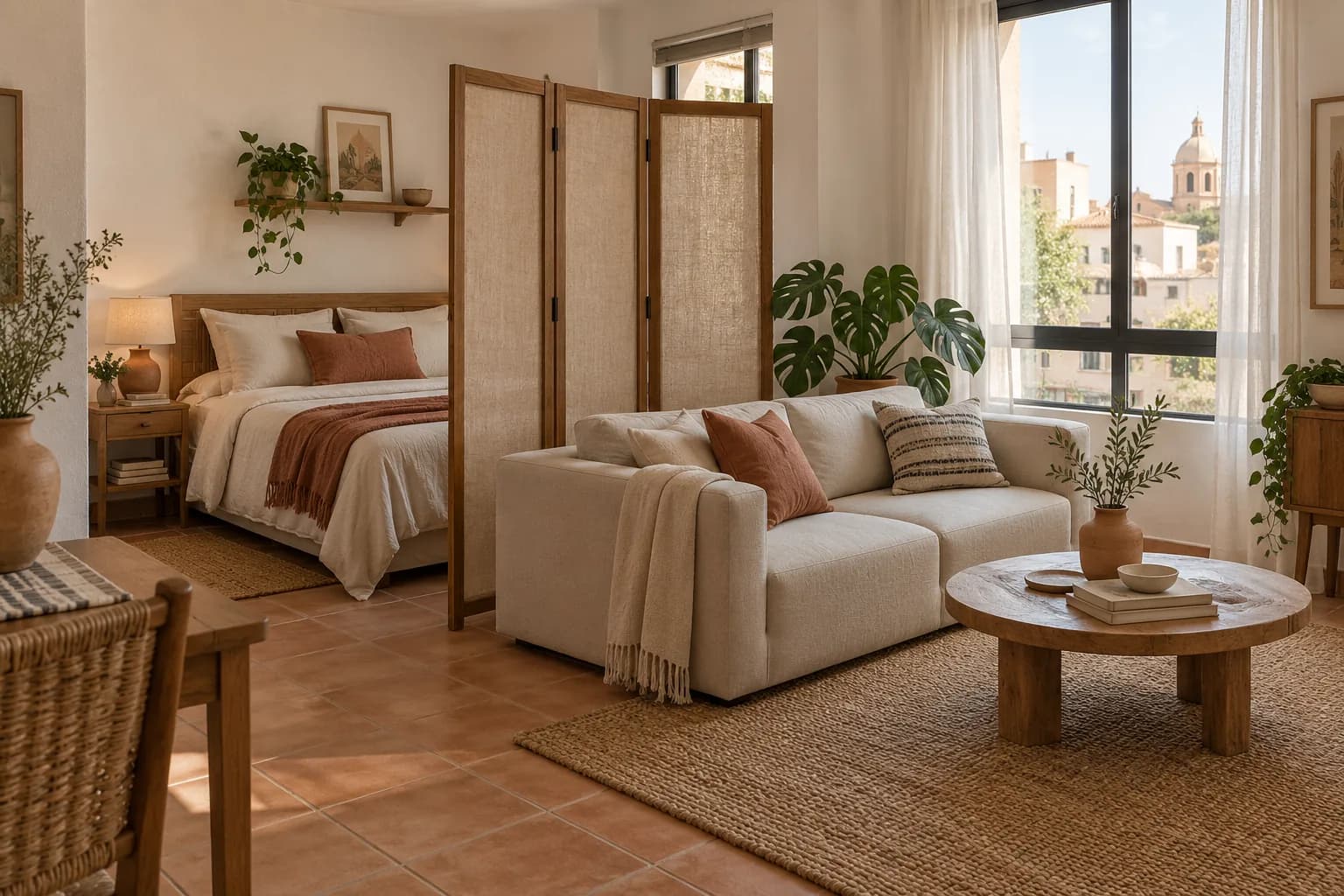 Departamento pequeño con un biombo de madera que separa la cama de la sala