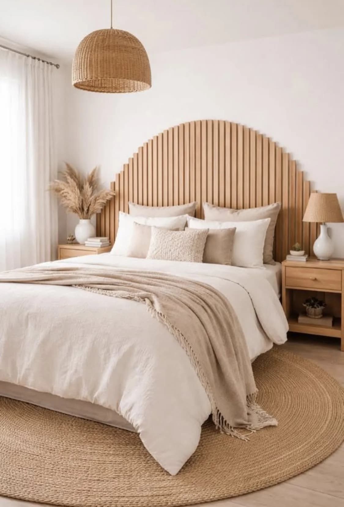 Cabecera de listones de madera clara en forma de arco, cama con ropa de lino crema, lámpara colgante de ratán y tapete redondo de yute