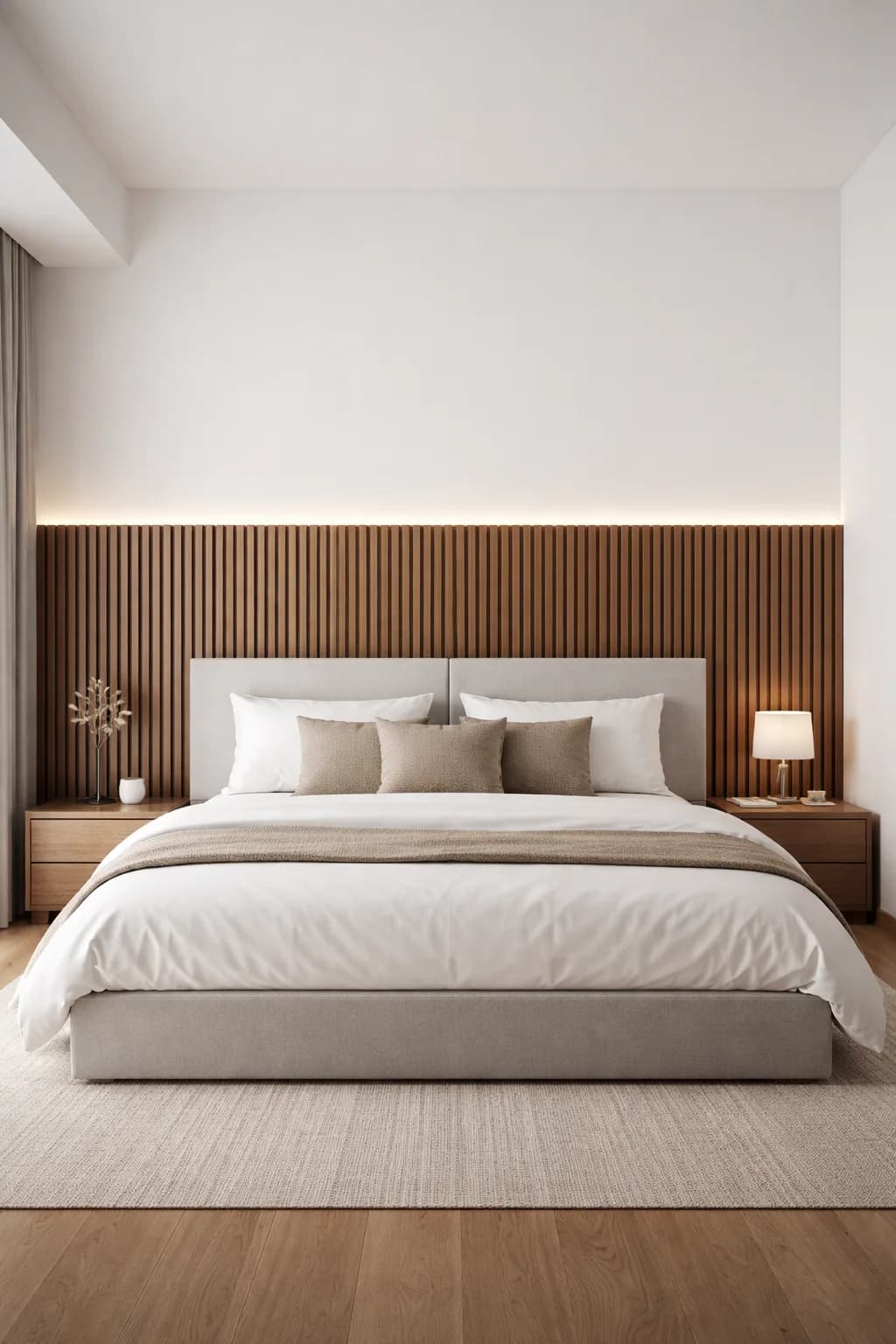 Recámara con una franja de listones de madera oscura a lo ancho de la pared, con luz LED en el borde superior, cama con ropa blanca y burós de madera