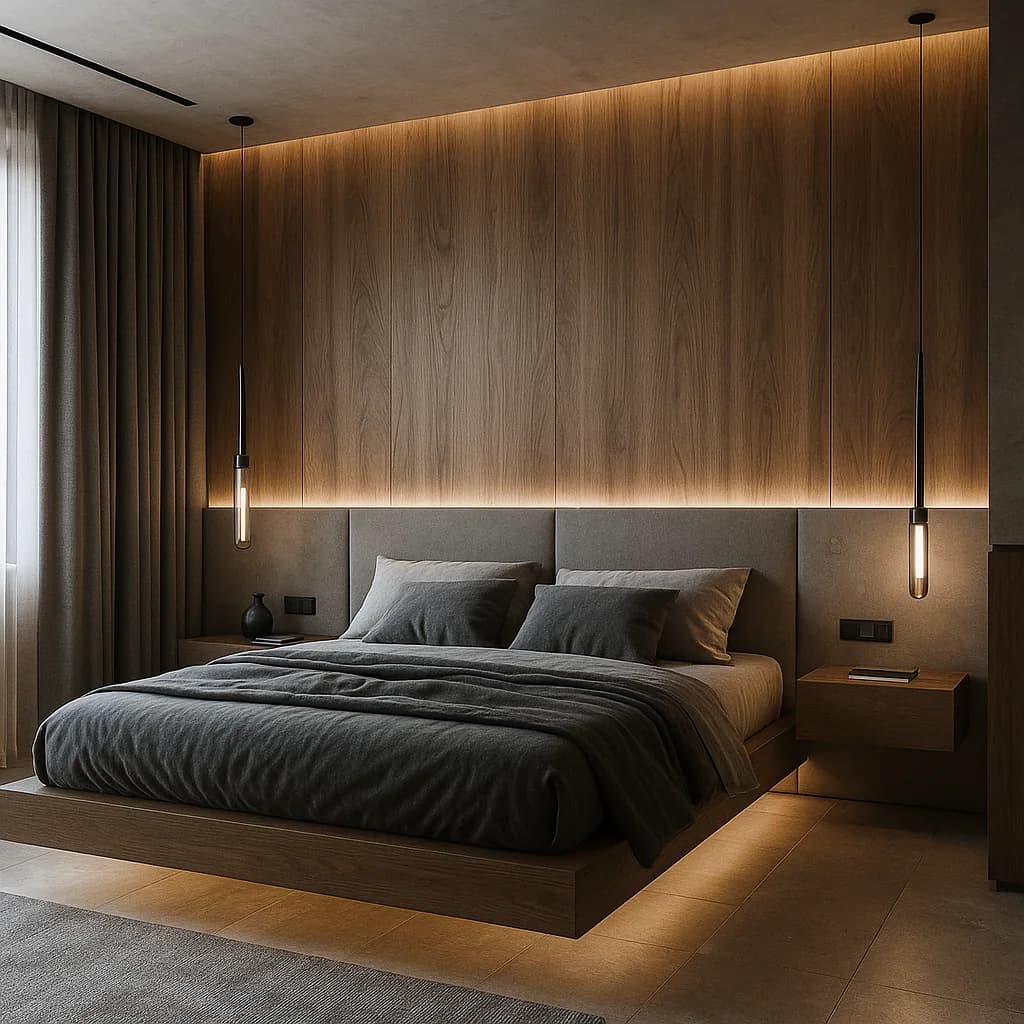 Recámara con la pared de madera oscura iluminada desde arriba, cabecera tapizada gris, cama flotante con luz inferior, ropa de cama gris oscuro y dos lámparas colgantes delgadas