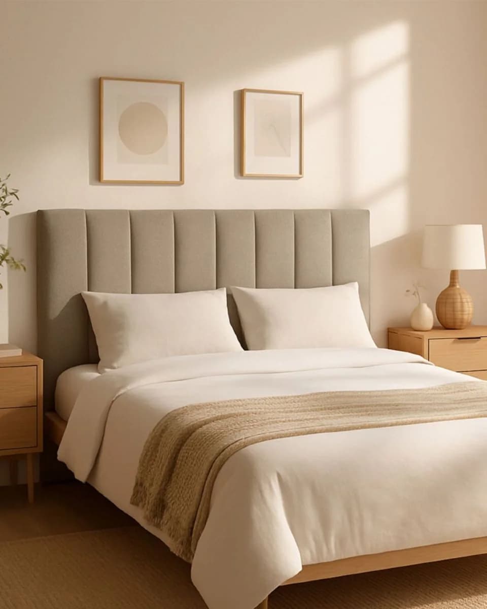 Cabecera tapizada beige en canales verticales, cama con ropa crema y manta tejida, dos cuadros abstractos y un buró de madera con lámpara