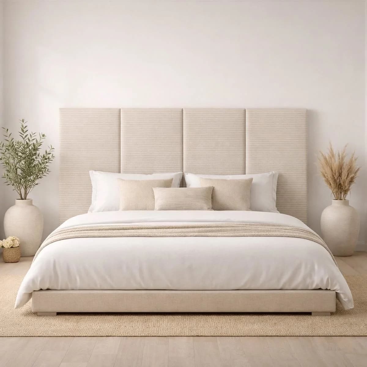 Cabecera hecha con cuatro paneles tapizados en tela crema con textura, cama baja con ropa blanca y dos jarrones de cerámica a los lados