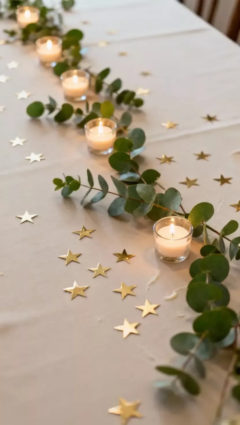 Mantel claro con una rama de eucalipto a lo largo, velitas en vasos de vidrio y estrellas doradas esparcidas