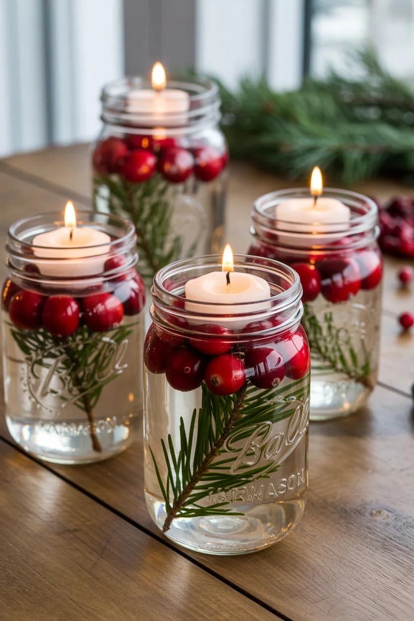 Frascos de vidrio con agua, ramitas de pino, frutos rojos y velas flotantes encendidas sobre una mesa de madera
