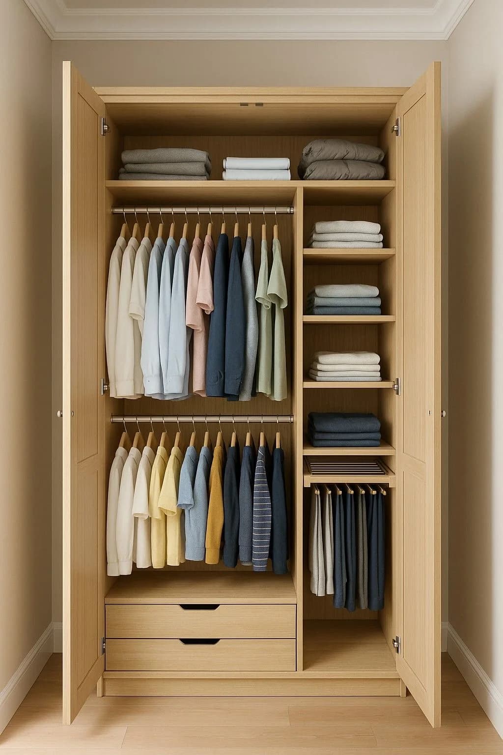 Armario de madera clara con las puertas abiertas, doble tubo con camisas, repisas angostas con ropa doblada, pantalonero y dos cajones