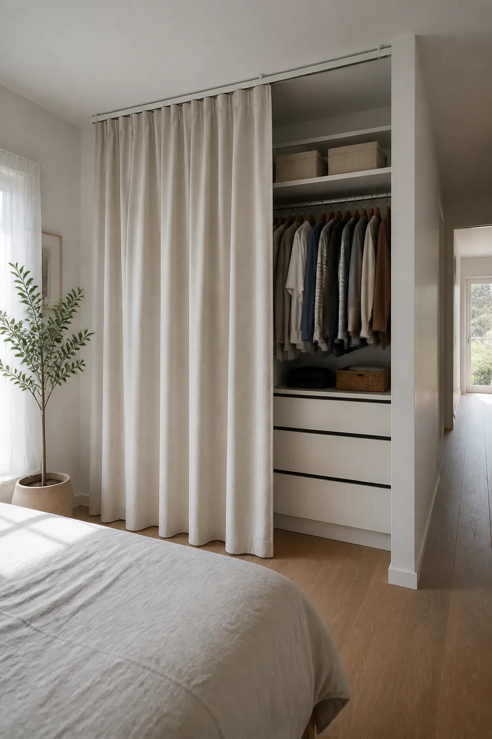Clóset de obra junto a la cama con una cortina crema de piso a techo corrida a un lado, dejando ver ropa colgada, una repisa con cajas y cajones blancos