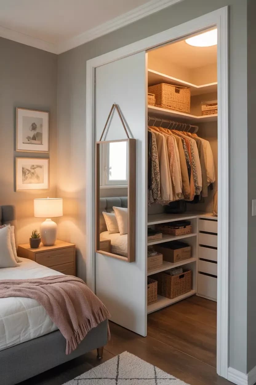 Recámara con la puerta del clóset abierta, un espejo de cuerpo entero colgado en la puerta y repisas con canastas y ropa colgada dentro