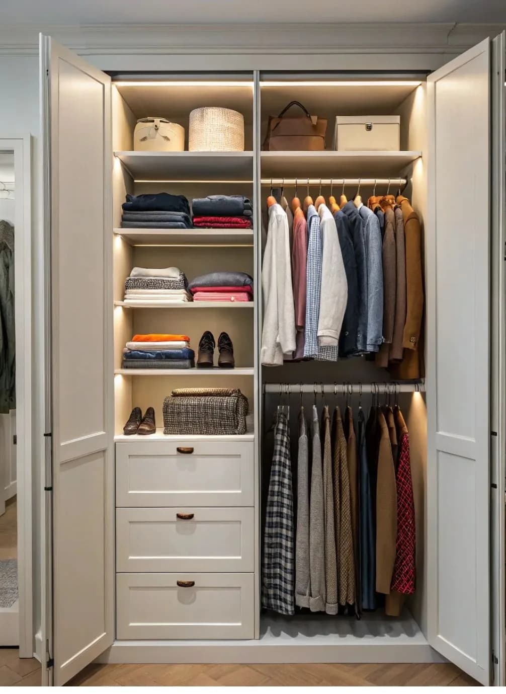 Clóset de dos puertas abatibles abierto, con luz LED en las repisas, ropa doblada, doble tubo de colgado y tres cajones