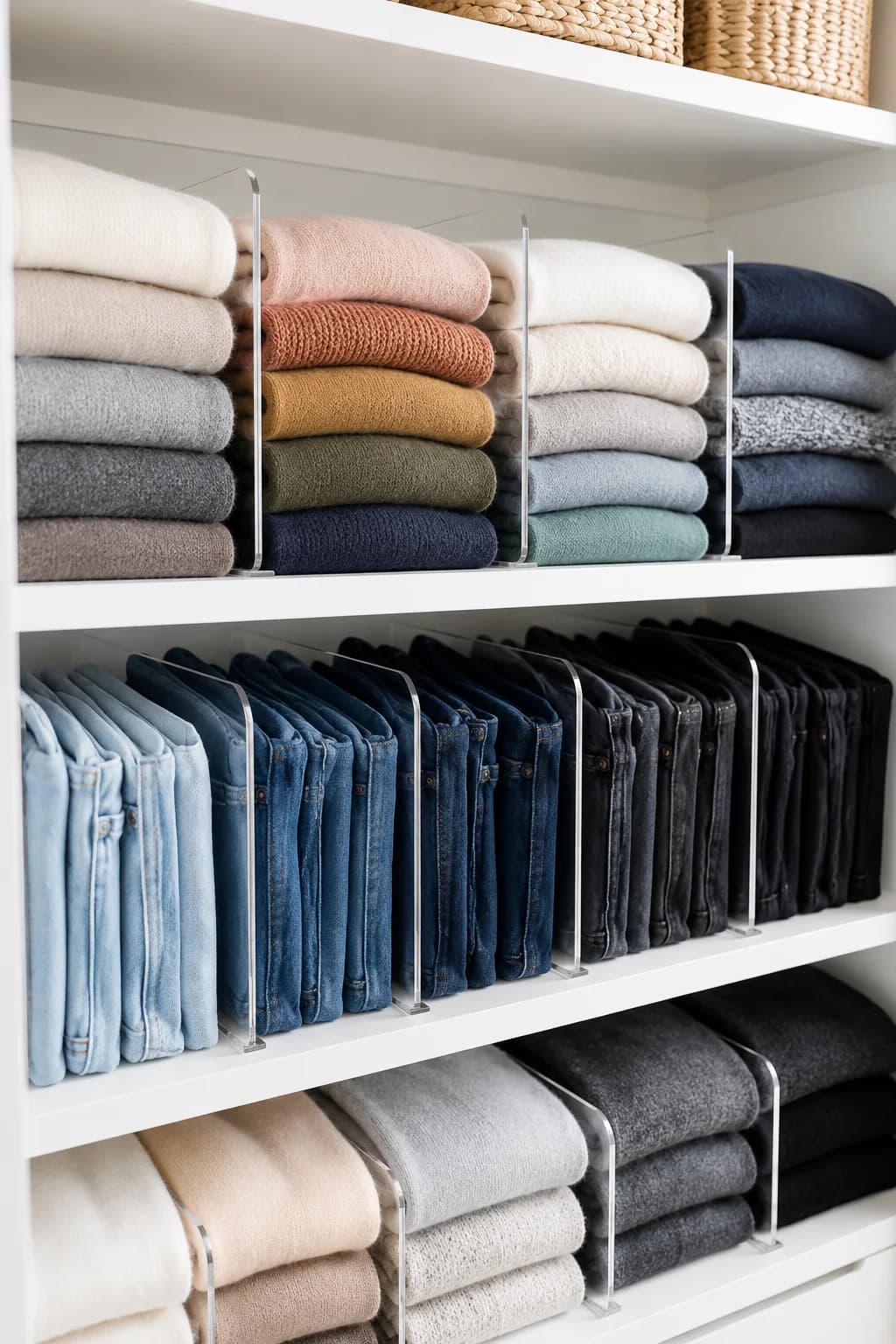 Repisas blancas con suéteres apilados y jeans doblados de canto, separados por divisores transparentes