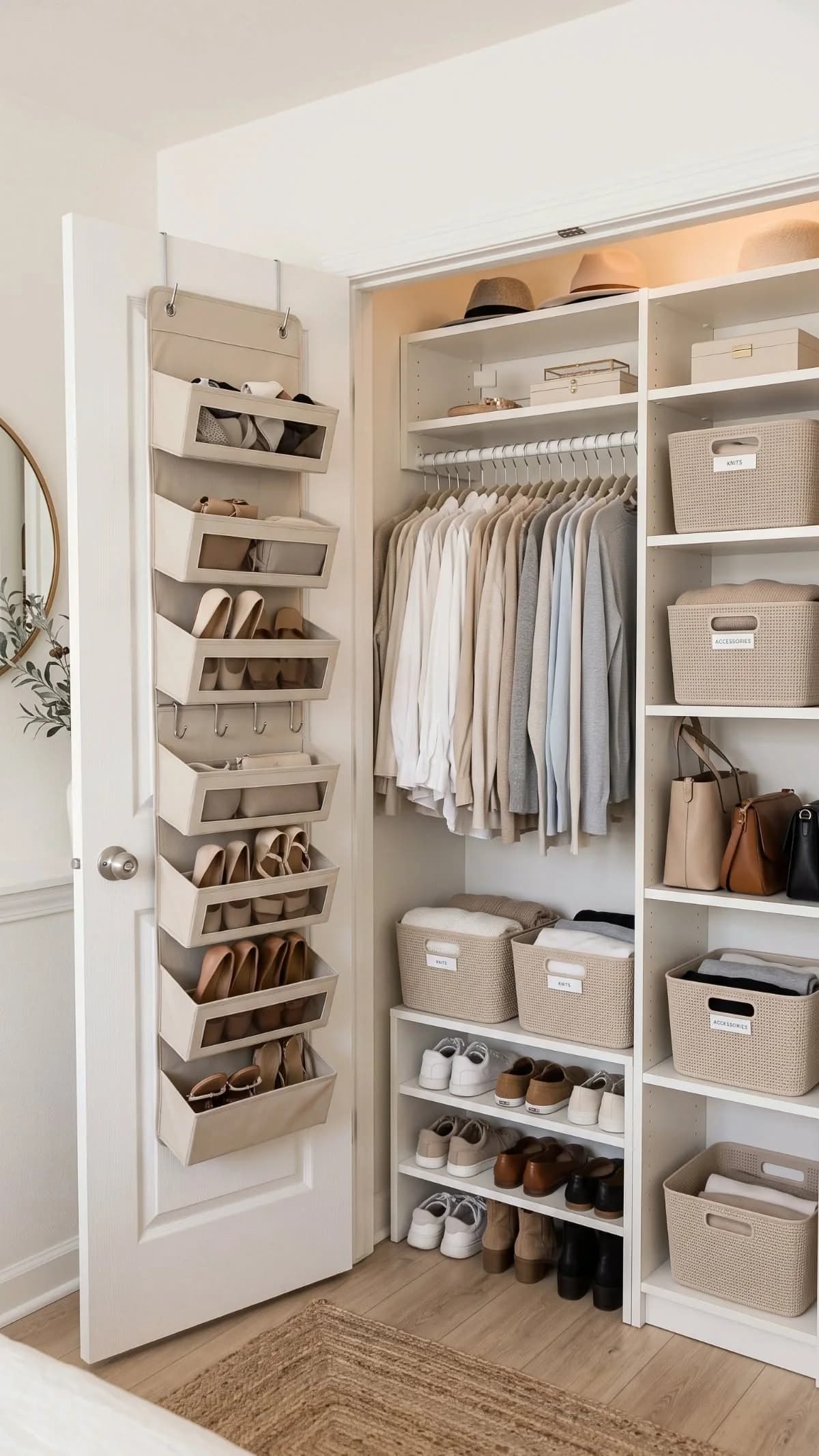 Puerta de clóset abierta con un organizador colgante de bolsillos lleno de zapatos, y dentro repisas con cajas, ropa colgada y zapatos en la parte baja
