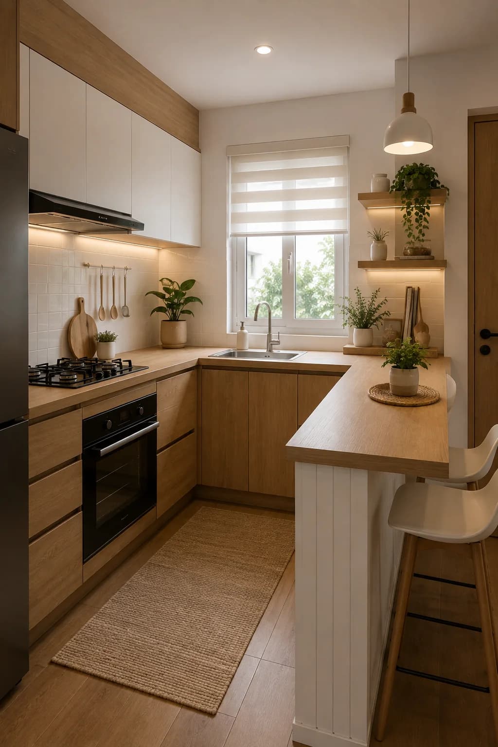 Cocina en L de madera con barra desayunador de madera clara que prolonga la L, dos bancos blancos, ventana con persiana y plantas en repisas