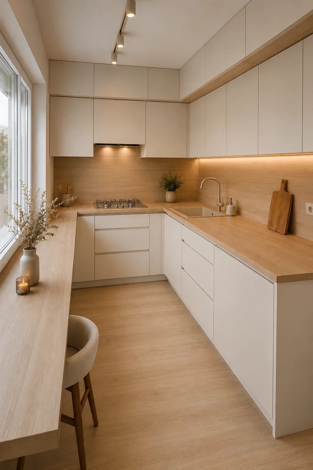 Cocina larga en L con gabinetes blancos y cubierta de madera, una barra estrecha a lo largo de la pared opuesta con una silla y luz bajo las alacenas