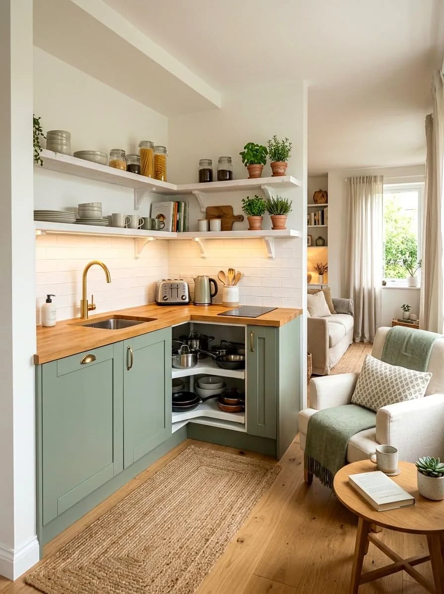 Cocina pequeña en L verde salvia con cubierta de madera y repisas blancas con frascos, abierta a una sala con sillón y mesa redonda, y un tapete de yute