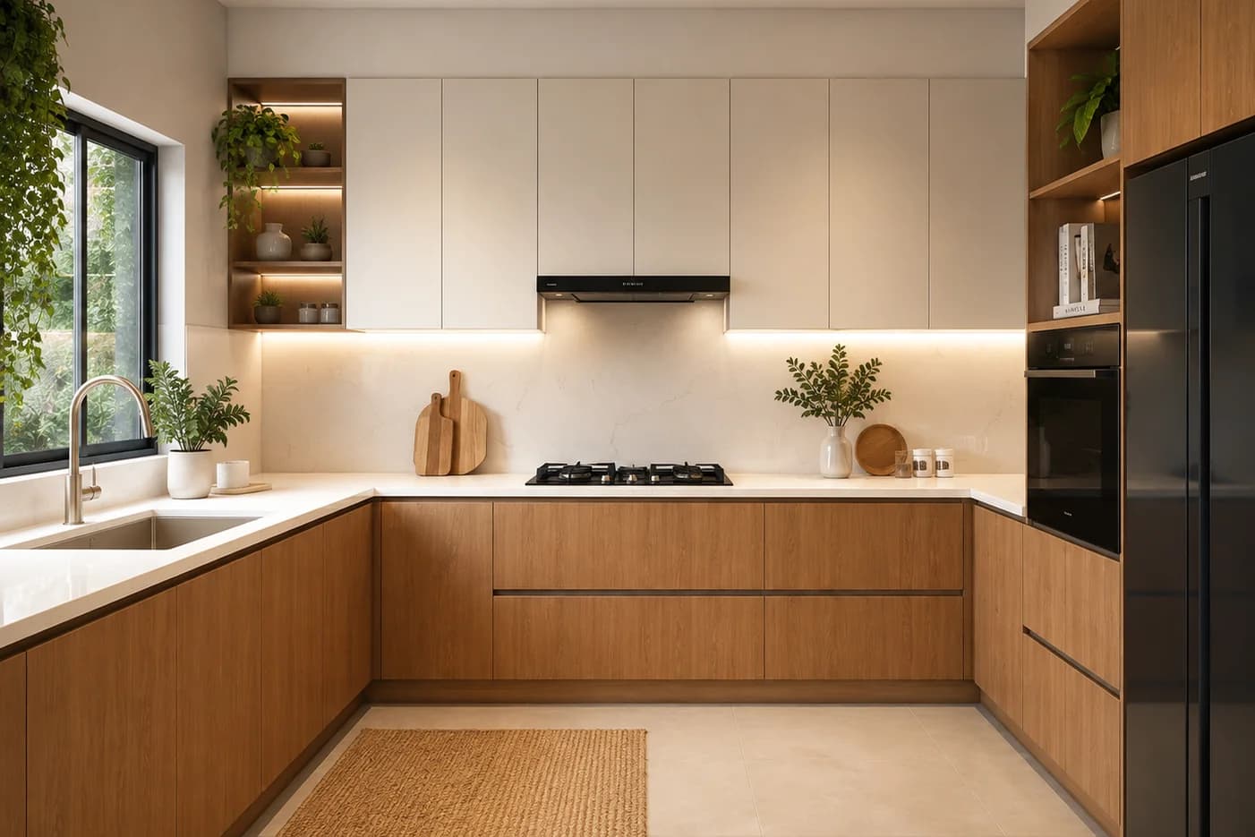 Cocina pequeña en L con gabinetes inferiores de madera, alacenas blancas, ventana junto a la tarja, parrilla en el centro, refrigerador negro y tapete de yute