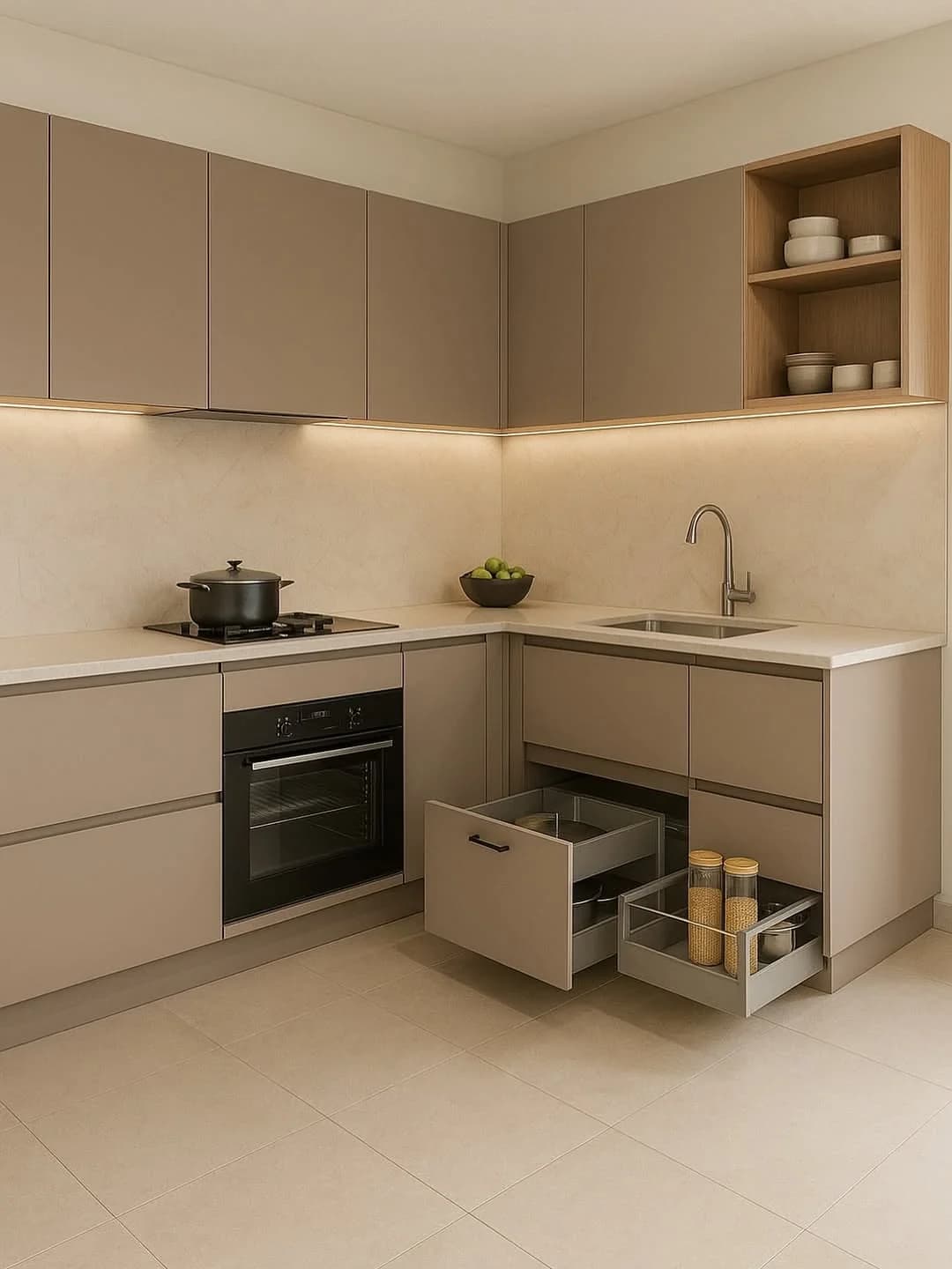 Cocina en L color taupe con un mueble de esquina abierto con extraíbles que salen hacia fuera con frascos y ollas, horno empotrado y parrilla