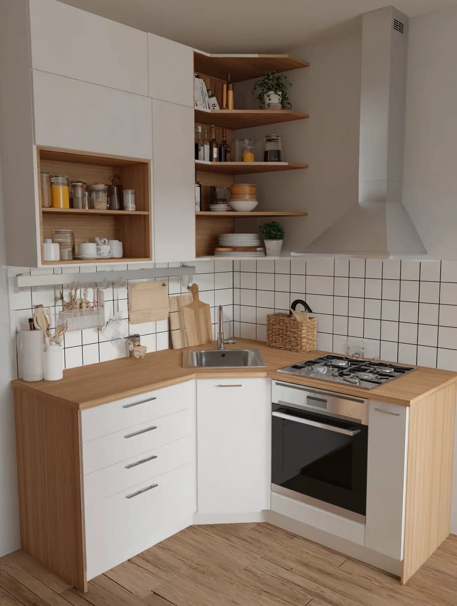 Cocina pequeña en L con repisas de madera en esquina, estufa con horno en el lado corto, tarja en la esquina, azulejo blanco y cubierta de madera