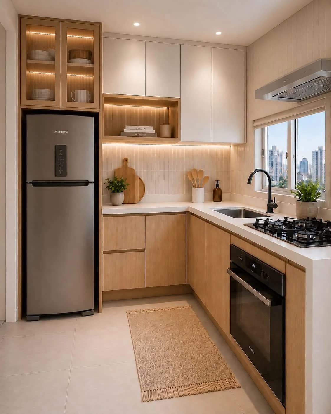 Cocina pequeña en L con refrigerador de acero en un extremo junto a una columna de alacenas de madera, cubierta clara, parrilla, tarja bajo la ventana y tapete de yute