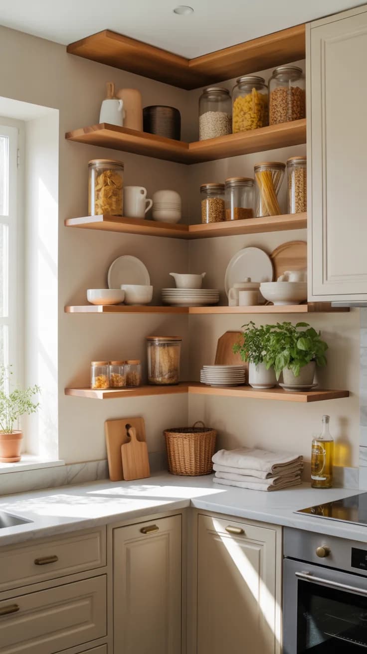 Esquina de cocina con repisas abiertas de madera en forma de L con frascos de pasta y granos, platos, plantas y una tabla para picar sobre una cubierta clara