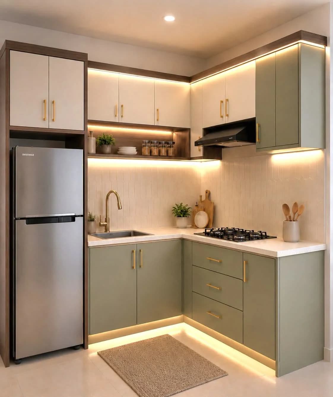 Cocina pequeña en L con gabinetes verde salvia y jaladeras doradas, alacenas blancas con luz LED, refrigerador de acero y una luz suave bajo el zoclo