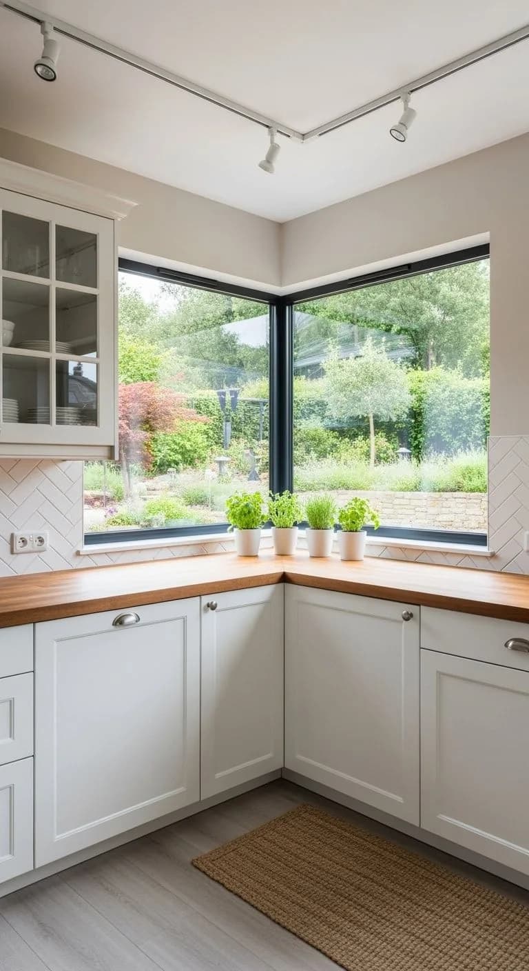 Cocina en L blanca con ventana en esquina sobre la cubierta de madera, macetas de hierbas en el alféizar, alacena con vitrina y un tapete