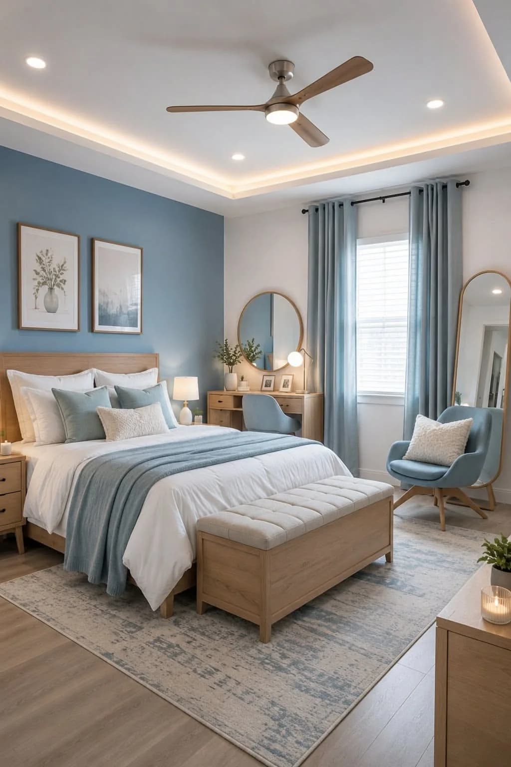 Recámara con una pared azul claro grisáceo, cortinas azules, cama con ropa blanca y una manta azul, muebles de madera clara, un sillón azul y un ventilador de techo