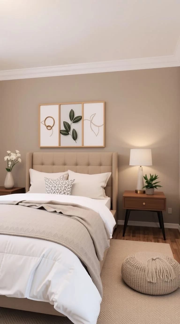 Recámara con paredes beige arena y techo blanco, cabecera tapizada beige, ropa de cama blanca y beige, un buró de madera con lámpara y un puf tejido