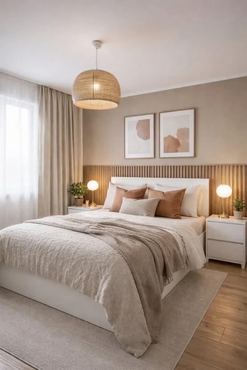 Recámara beige con medio muro de lambrín de madera detrás de la cama, una lámpara colgante de ratán, cojines color terracota suave y una manta tejida