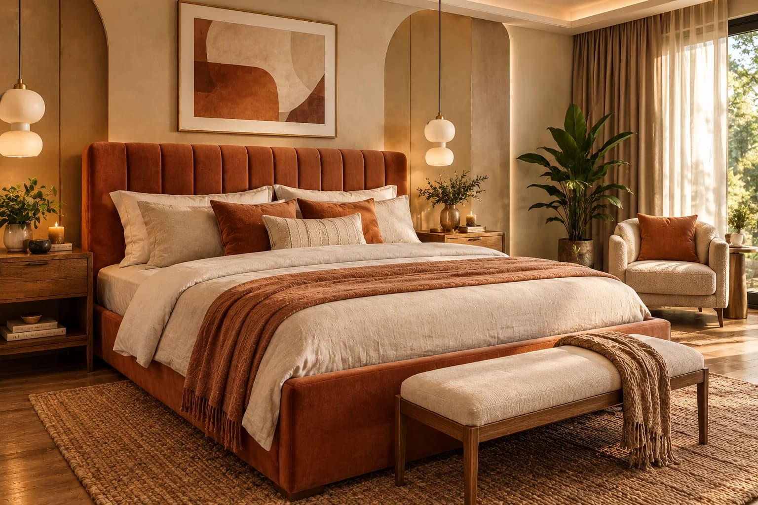 Recámara matrimonial en tonos beige y terracota con una cama de cabecera tapizada color terracota, ropa de cama crema, una banca al pie, lámparas colgantes y un cuadro abstracto