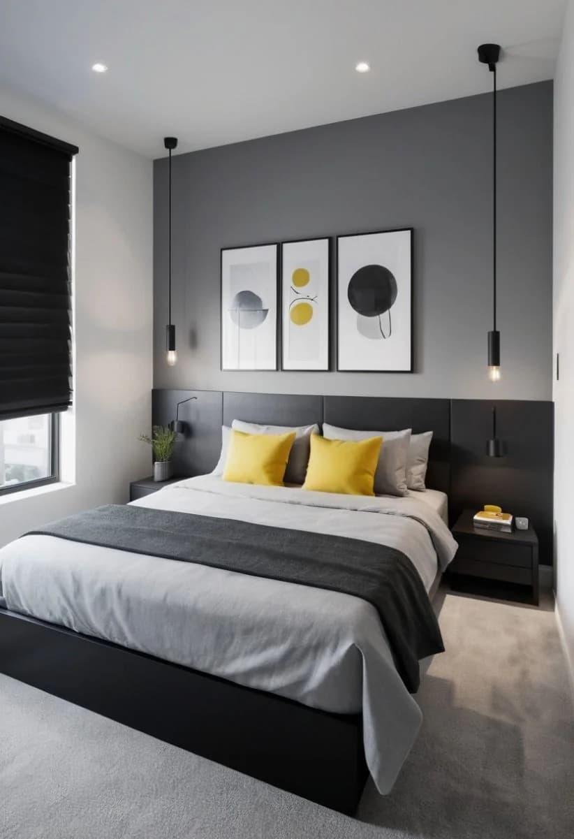Recámara moderna con una pared gris oscuro, cabecera y base de cama negras, ropa de cama gris, dos cojines amarillos, tres cuadros abstractos y lámparas colgantes negras