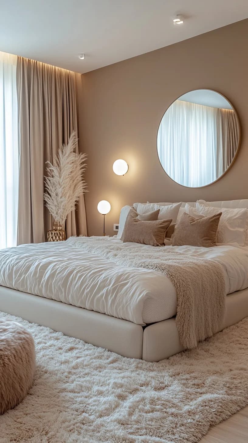 Recámara con paredes rosa taupe, un espejo redondo grande, cama blanca con cojines del mismo tono de la pared, cortinas largas color arena y un tapete de pelo largo