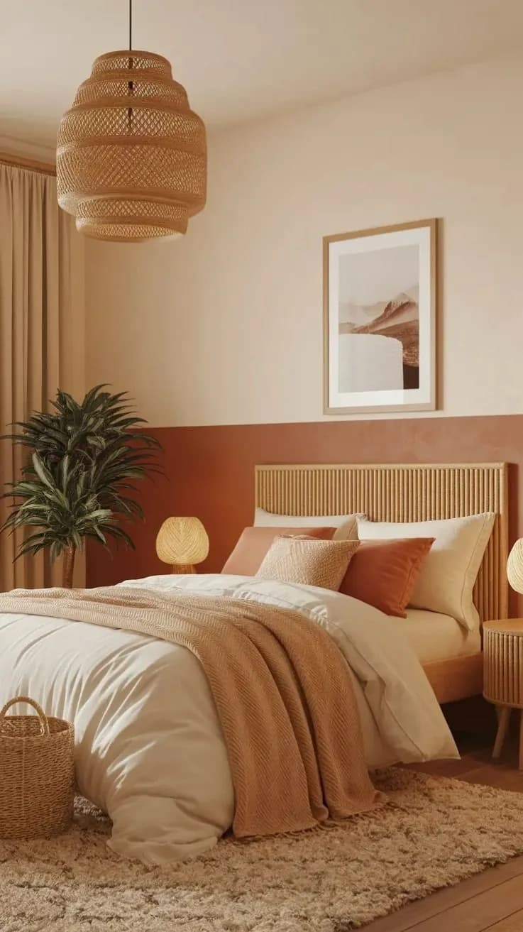 Recámara con medio muro pintado en terracota y la parte de arriba en crema, cabecera de madera clara, ropa de cama crema con una manta durazno, una lámpara colgante de ratán y una planta