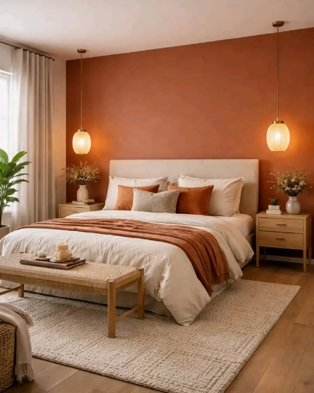 Recámara con una pared color terracota, cabecera crema, ropa de cama blanca con una manta terracota y cojines naranja quemado, dos lámparas colgantes y una banca tejida al pie