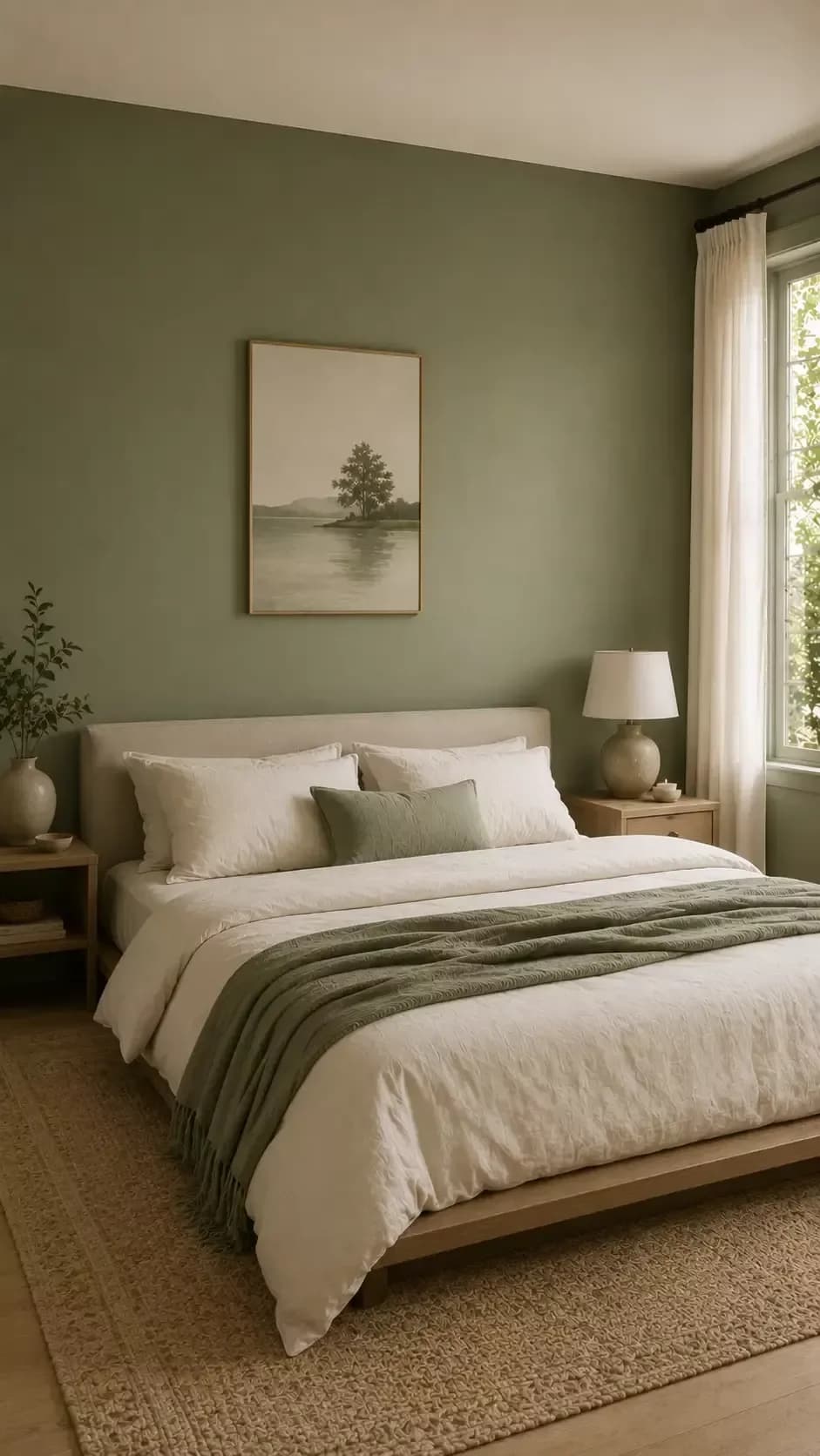 Recámara con paredes verde olivo apagado, cama con ropa crema y una manta verde al pie, un cuadro de paisaje, una lámpara de cerámica y un tapete de yute