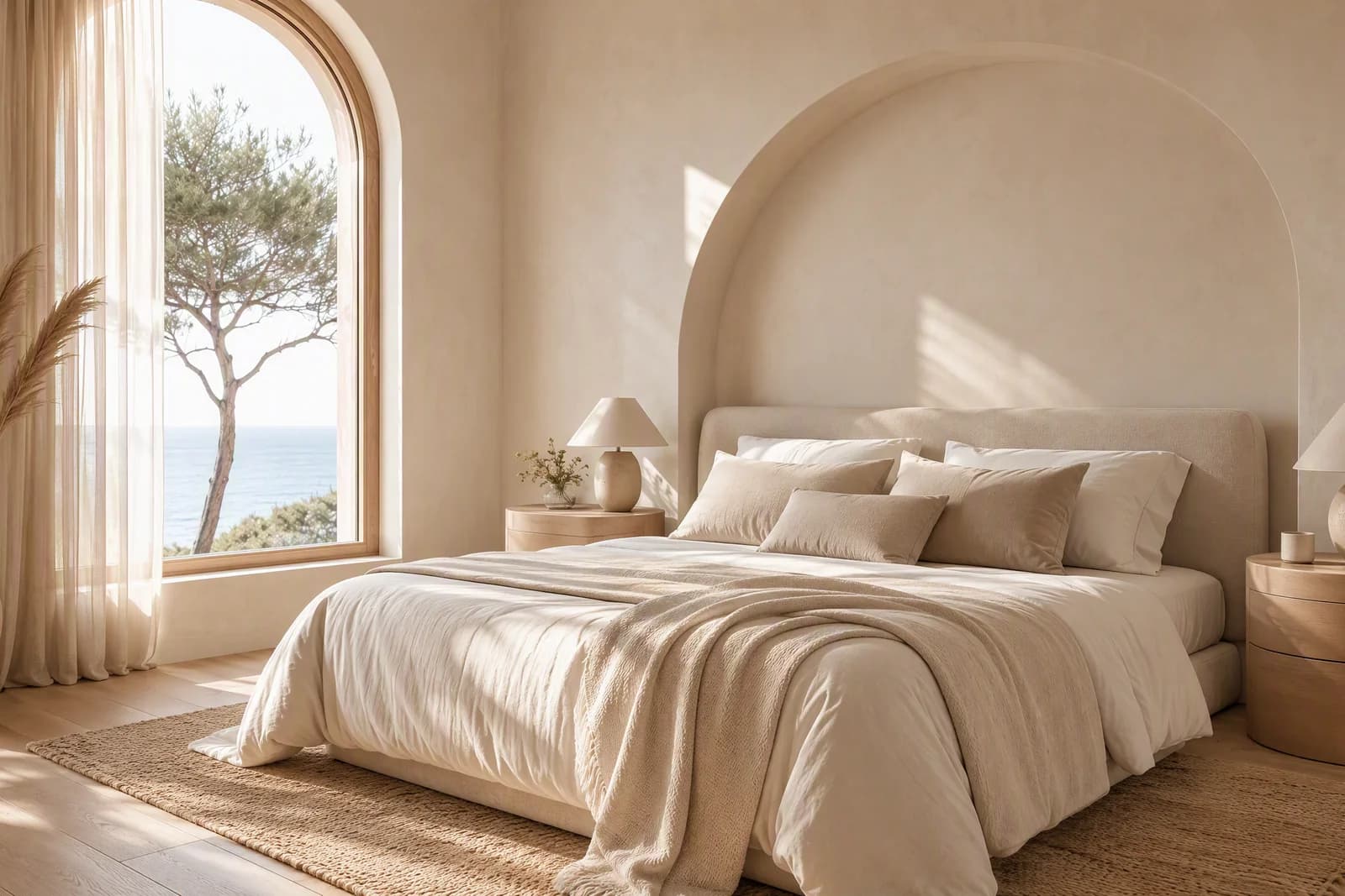 Recámara en tonos crema y arena con un arco en la pared detrás de la cama, ropa de cama de lino, lámparas de cerámica, pampas y una ventana en arco con vista al mar