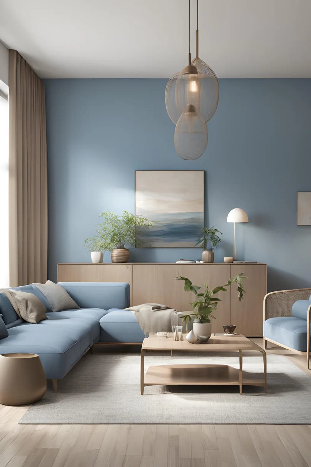 Sala con paredes azul grisáceo, sofá esquinero azul claro, mueble bajo y mesa de centro de madera clara, cortinas color arena y lámparas colgantes de malla